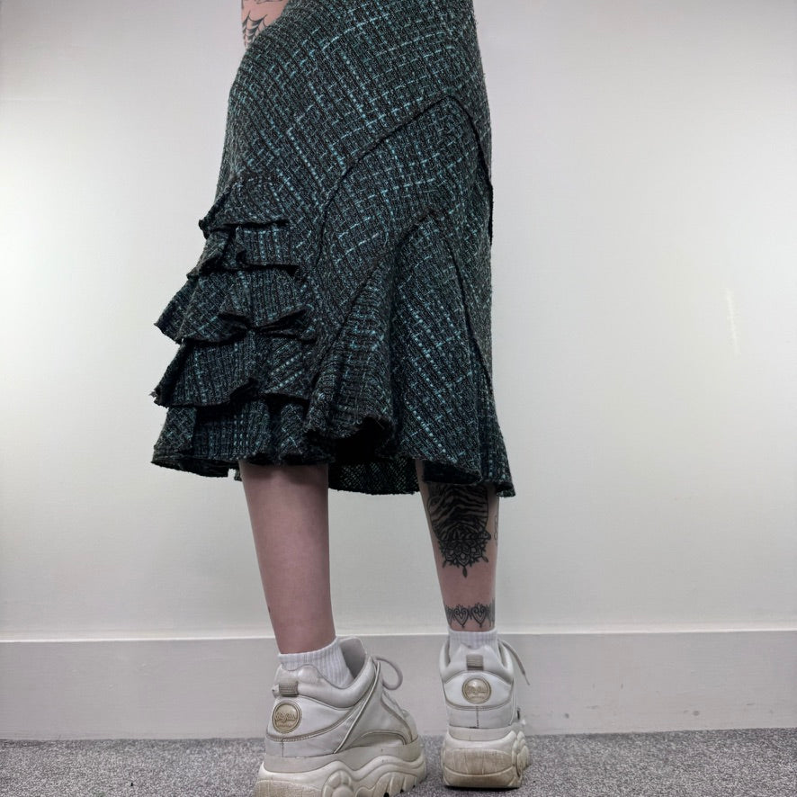 Y2K vintage tweed ruffle midi skirt