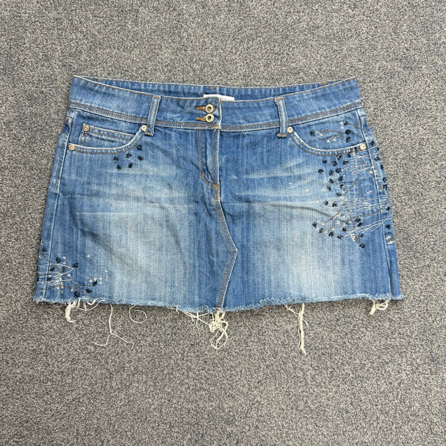 Y2K low rise denim floral embroidery raw hem mini skirt