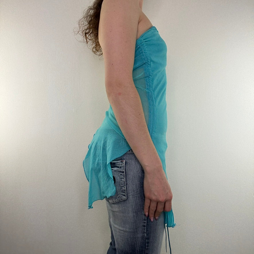 Y2K vintage strapless top asymmetrical mesh ruched ruffle lettuce hem