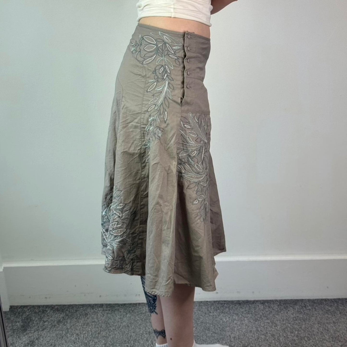 Y2K vintage stripe floral embroidered midi skirt a line button up 100% cotton