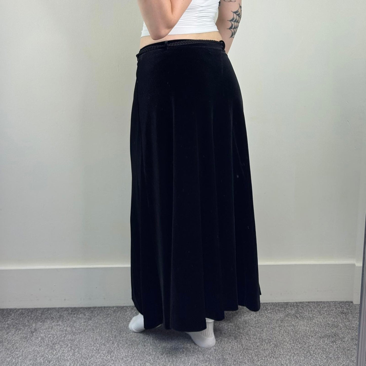 Y2K vintage velour stretchy maxi skirt black with braided belt a line flowy
