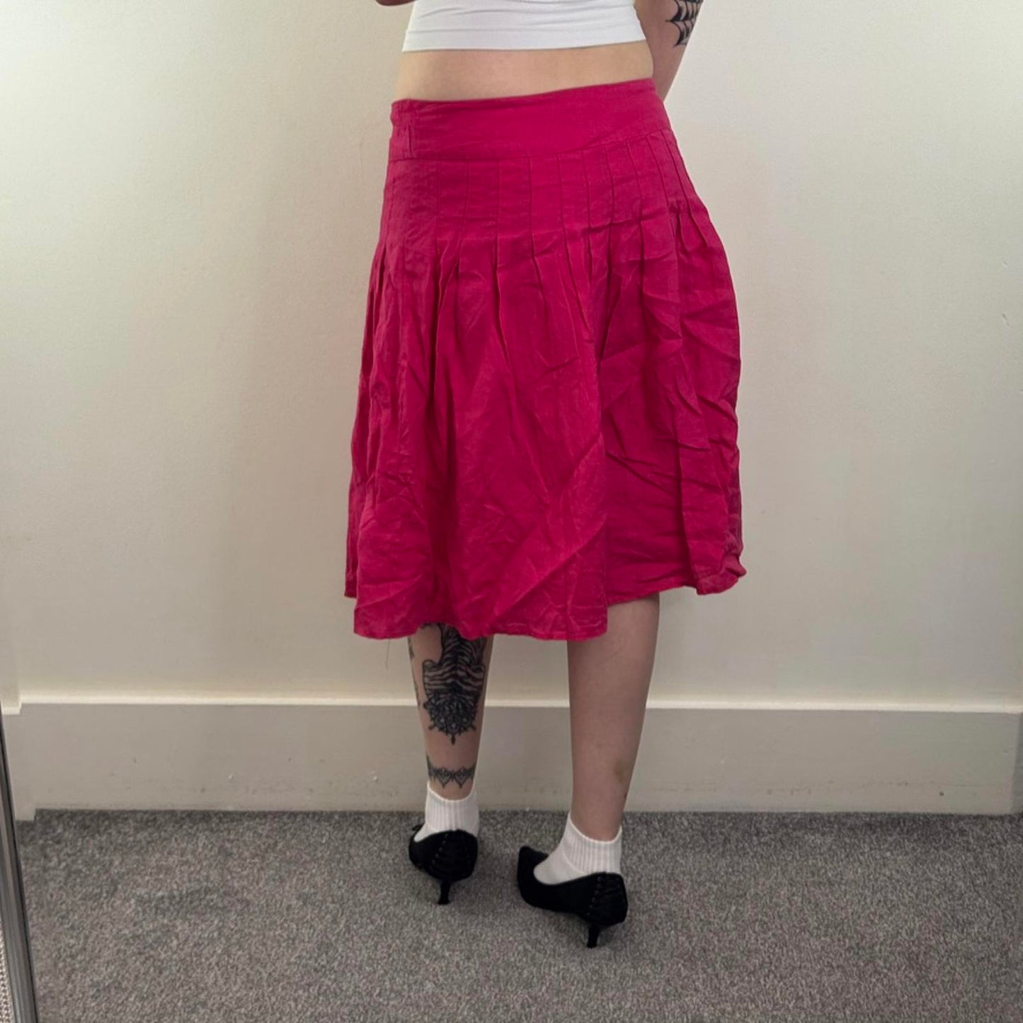 Y2K vintage 100% pure linen pleated midi skirt a line knee length hot pink