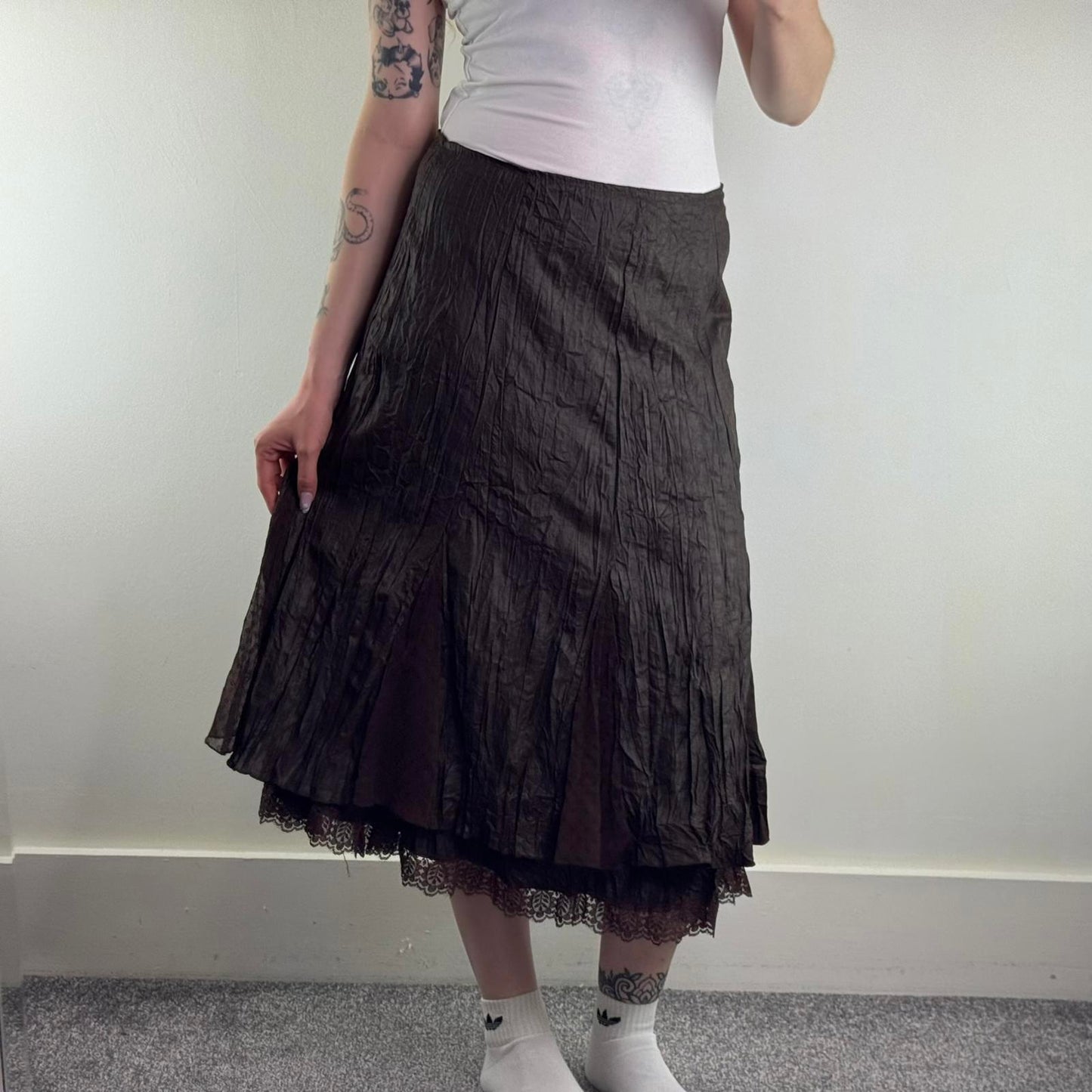 Y2K vintage crinkle lace trim maxi skirt a line brown