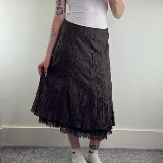 Y2K vintage crinkle lace trim maxi skirt a line brown