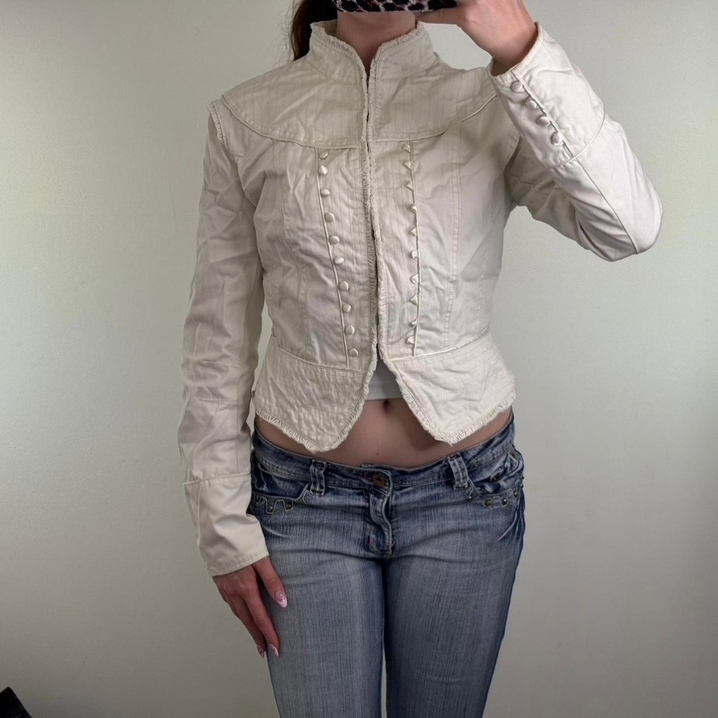 Y2K vintage military denim jacket hook and eye high neck stripe buttons archive