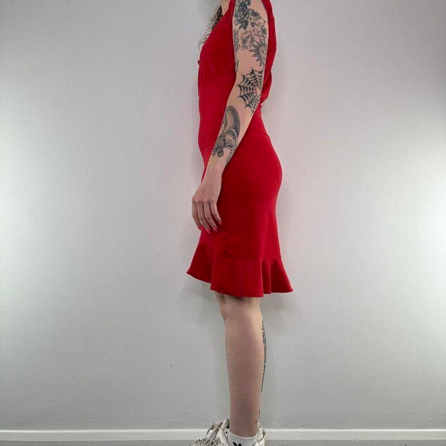 Y2K vintage slinky midi dress milkmaid rose cap sleeve frilly stretchy floral