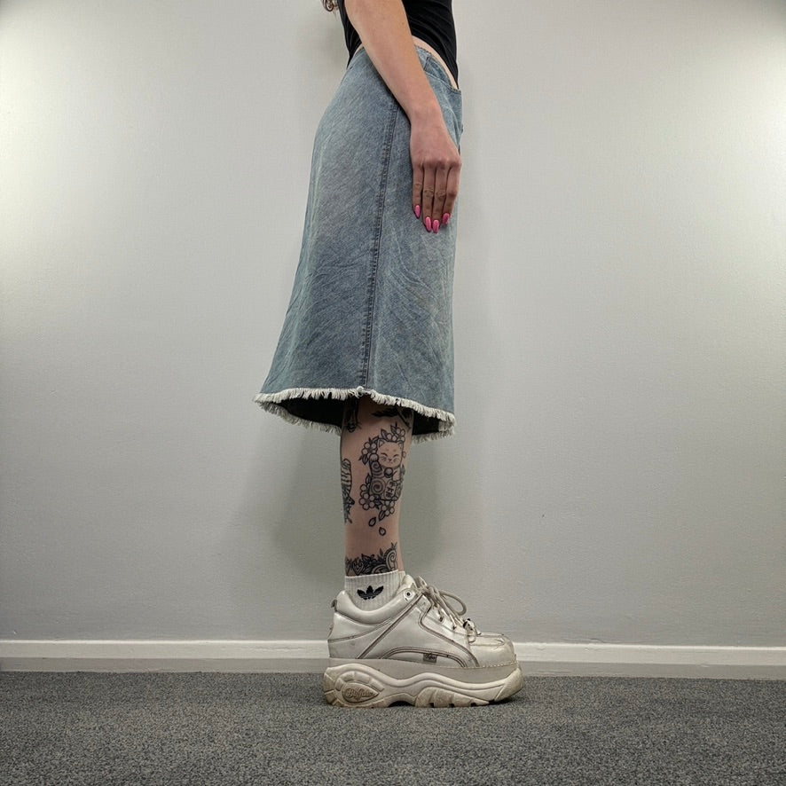 Y2K denim fraying midi skirt