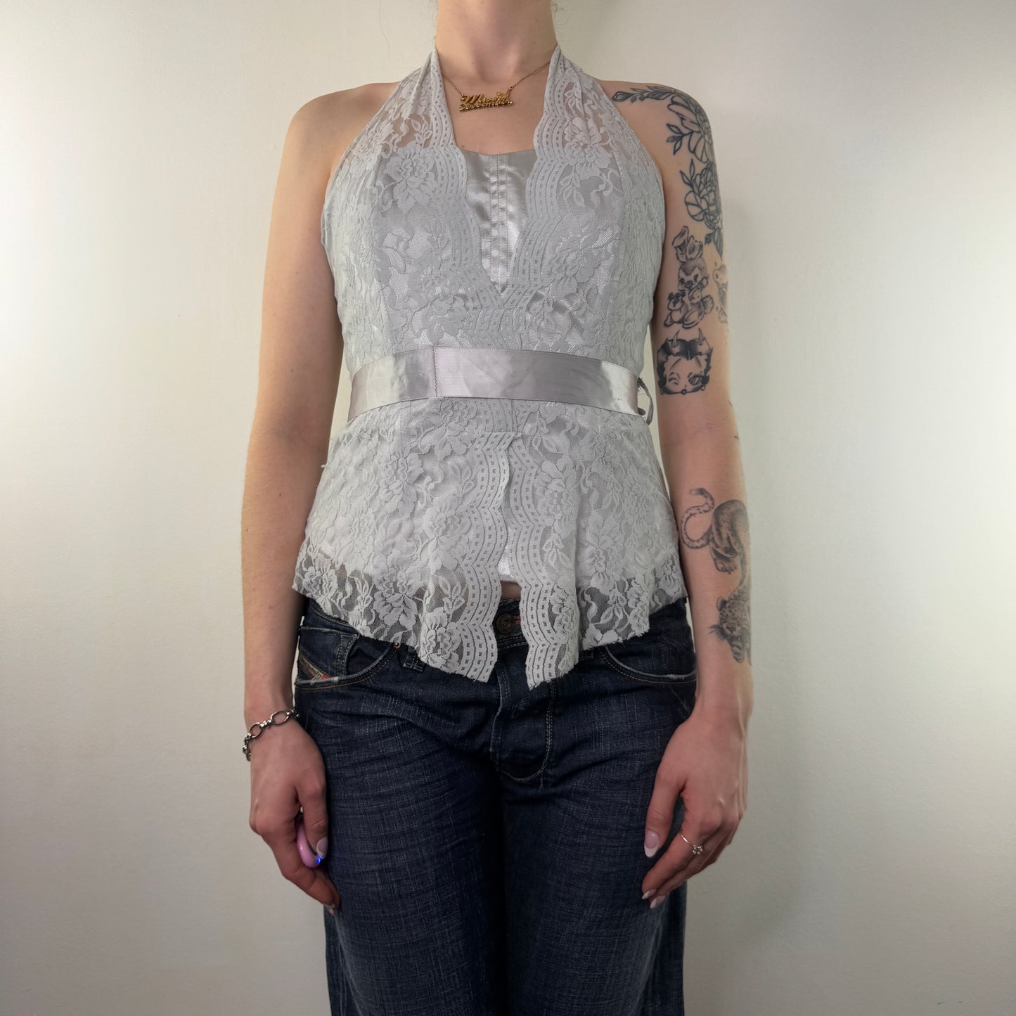 Y2K vintage halter neck lace boned top