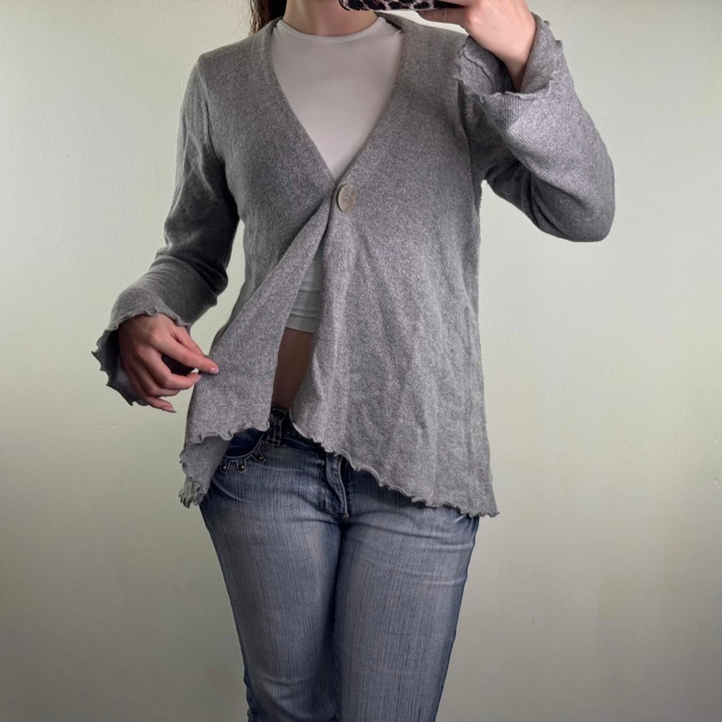 Y2K vintage cashmere angora blend cardigan button up lettuce hem