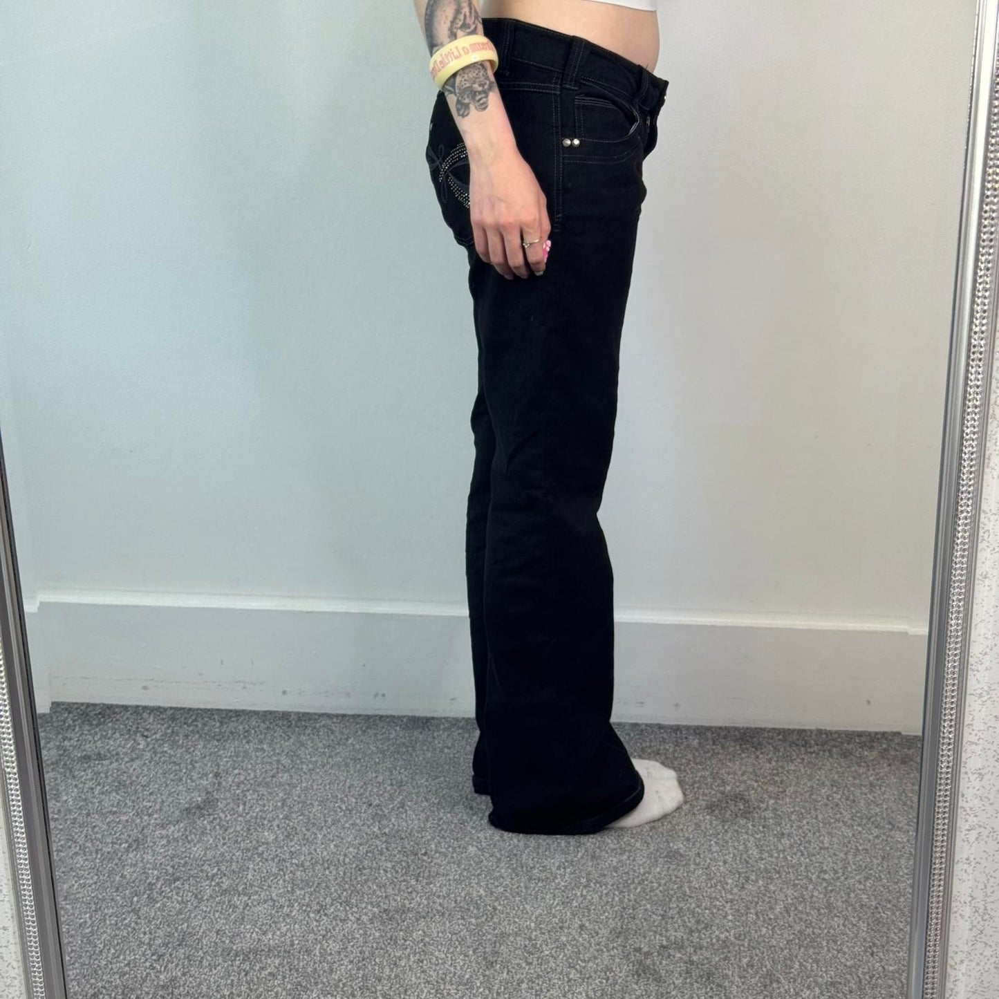 Y2K vintage low rise bootcut jeans black denim contrast stitch rhinestone pocket