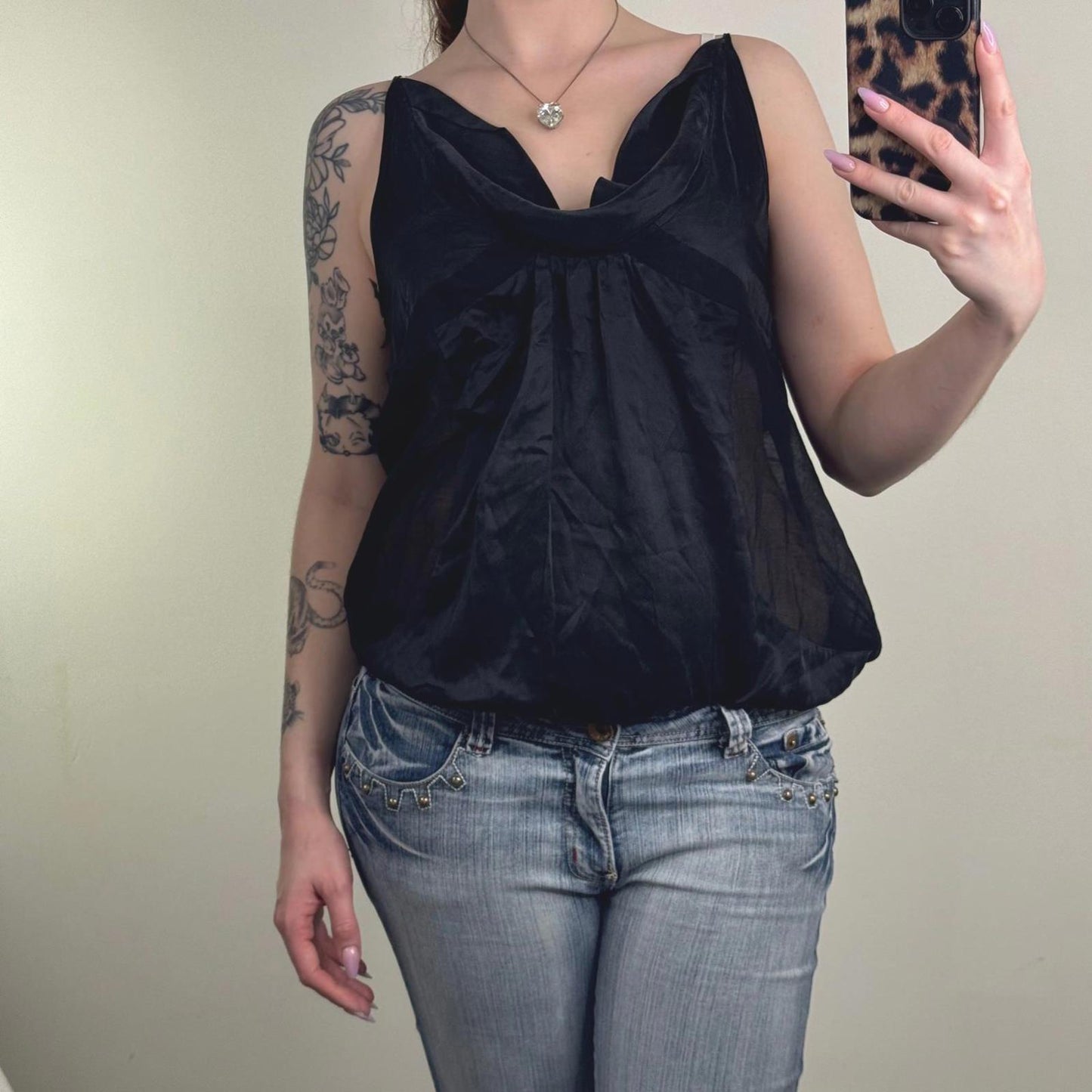 Y2K vintage DKNY 100% silk cami top peplum cowl neck strappy