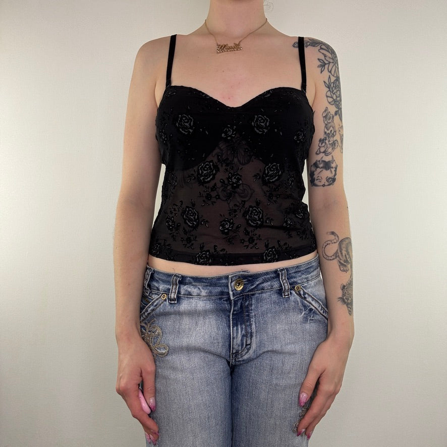 Y2K vintage mesh cami floral top built in bra support strapless rose gothic alt