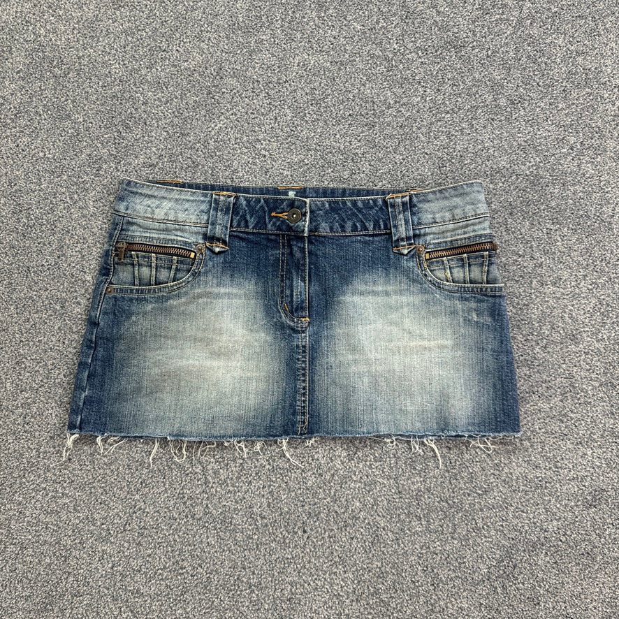 Y2K vintage low rise faded denim fraying hem mini skirt