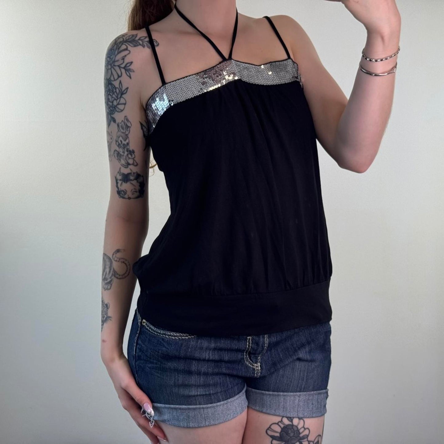 Y2K vintage sequin embellished cami top halter neck peplum clubbing party