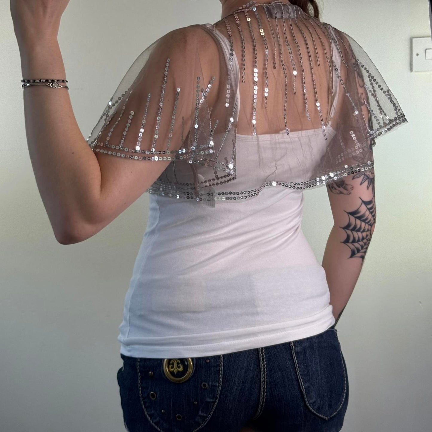 Y2K vintage cropped mesh shawl cape sequin embellished sheer boho festival chic