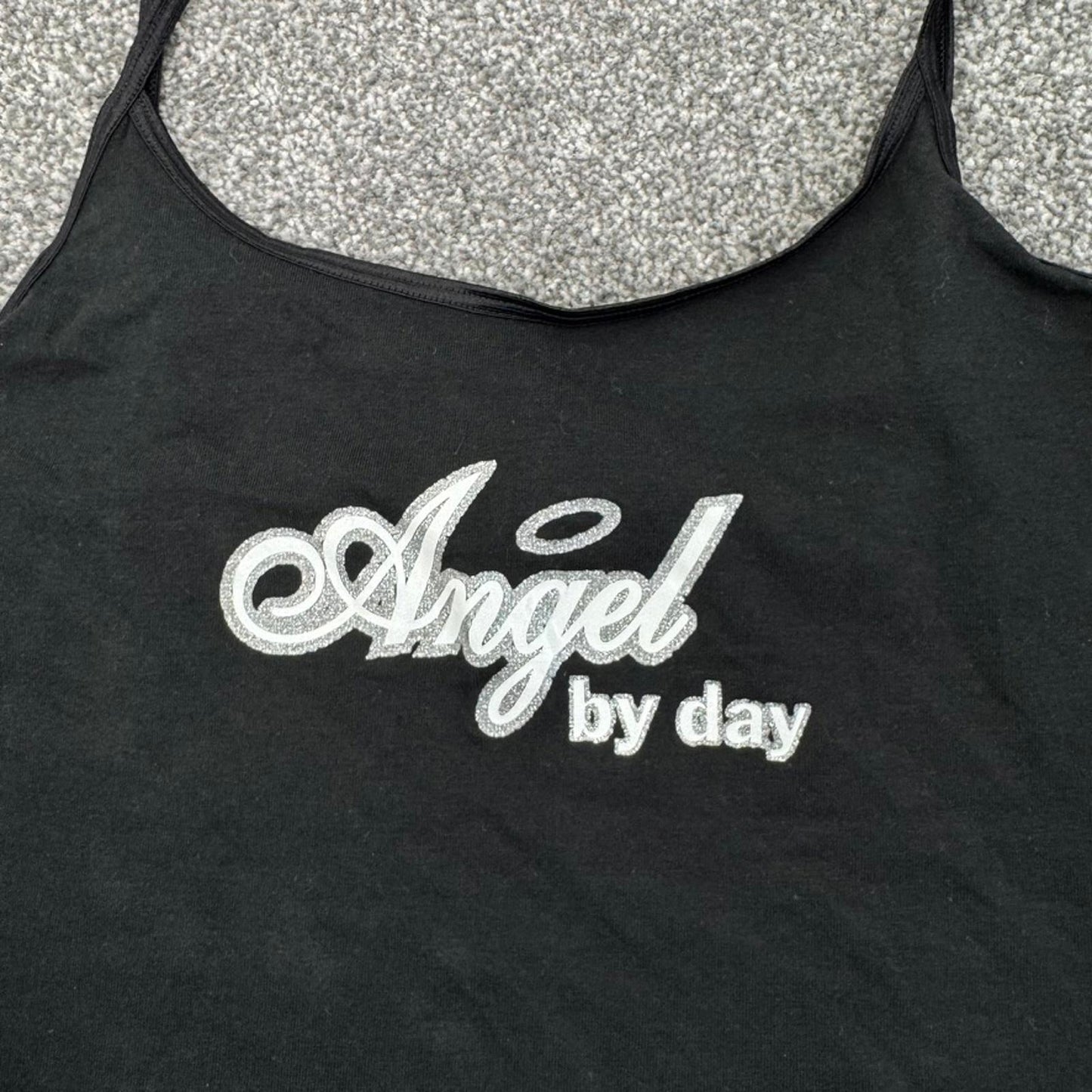Y2K vintage Ann Summers cami top angel by day slogan sparkly graphic print