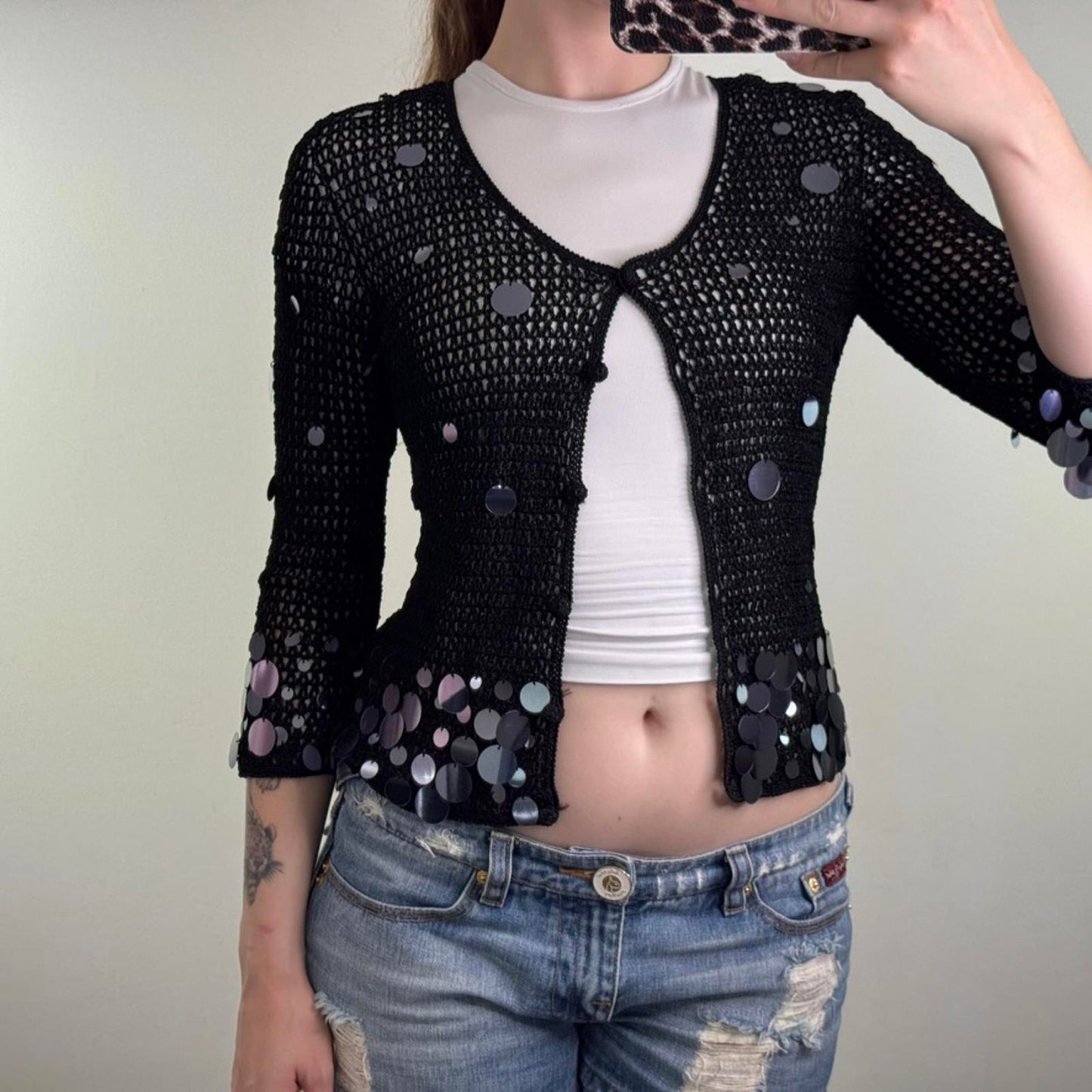 Y2K vintage crochet sequin embellished cardigan knit 3/4 sleeve scoop neck