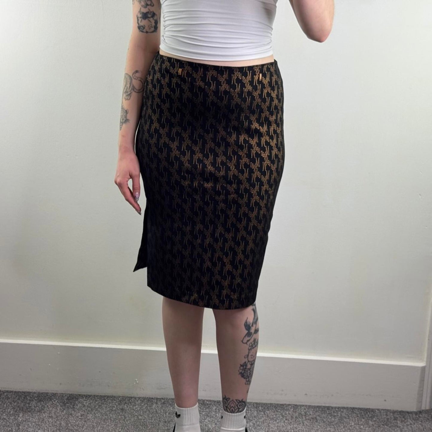 Y2K vintage Morgan De Toi midi skirt thigh slit black gold knee length tailored