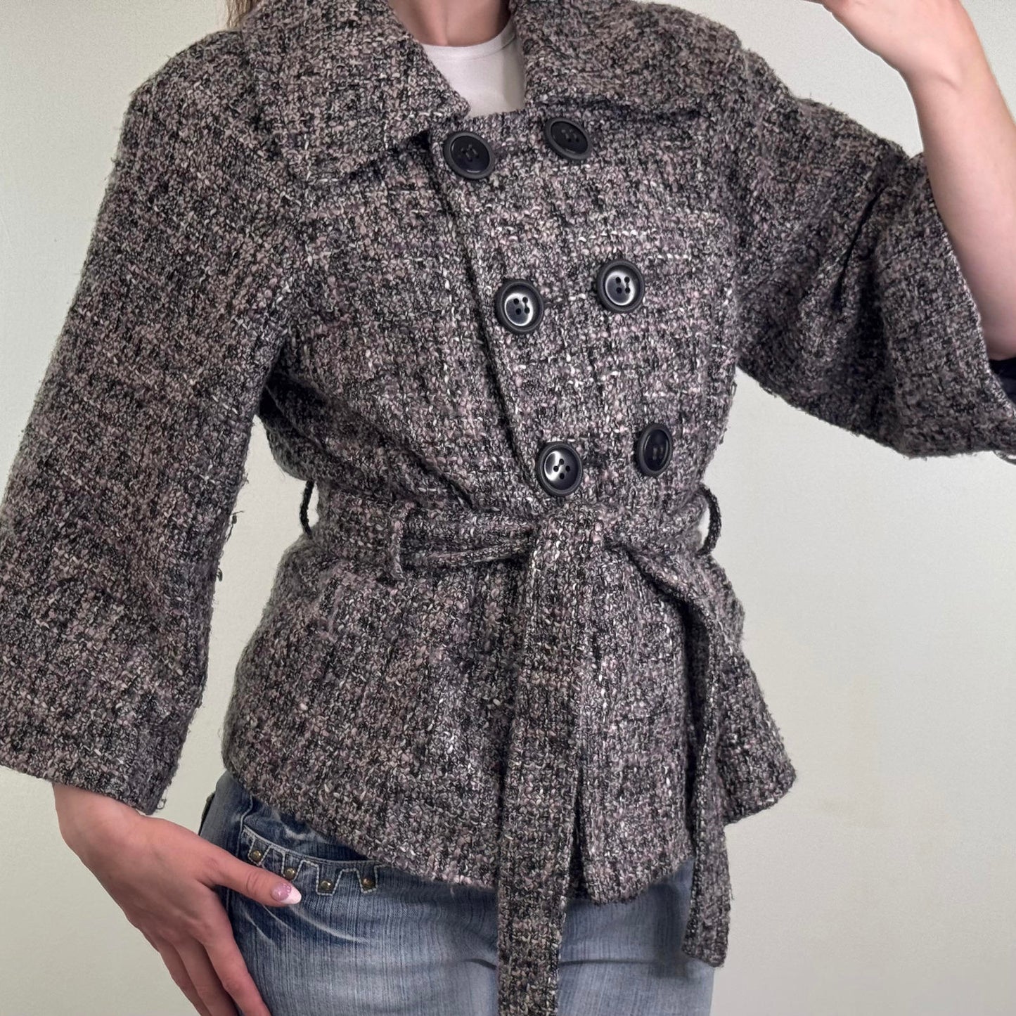 Y2K vintage wool blend pea coat jacket flare 3/4 sleeve with belt button up