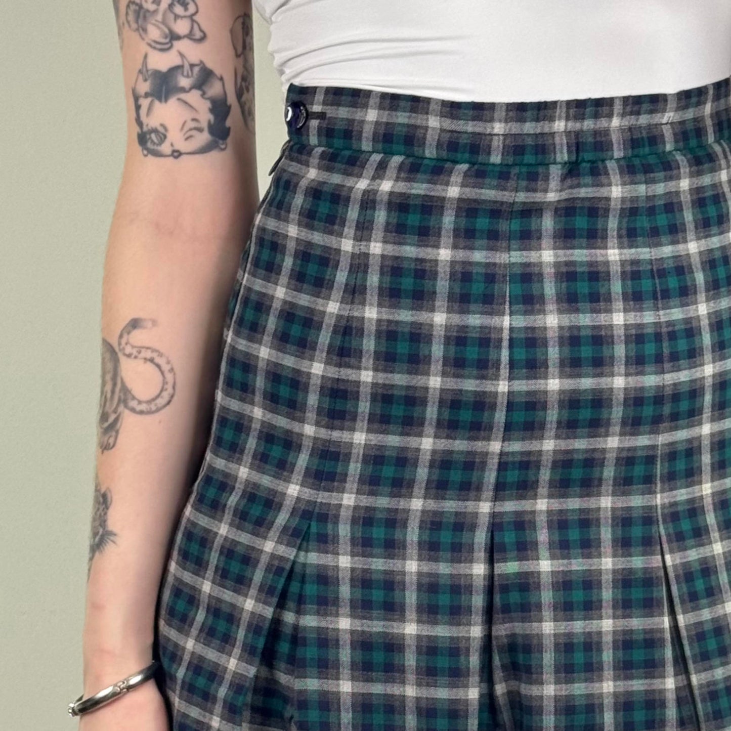 Y2K vintage 100% wool check tartan midi skirt a line lined blue green white