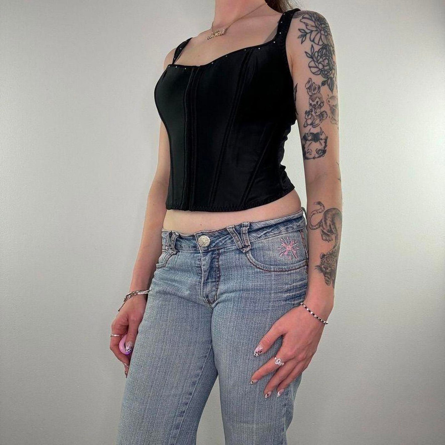 Y2K vintage satin rhinestone boned bustier hook and eye top lace up