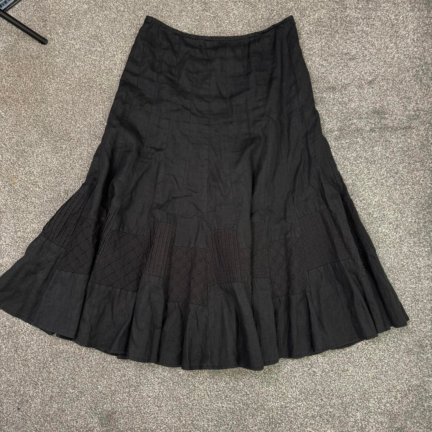 Y2K vintage 100% pure linen maxi skirt pattern hem trim stripe check black