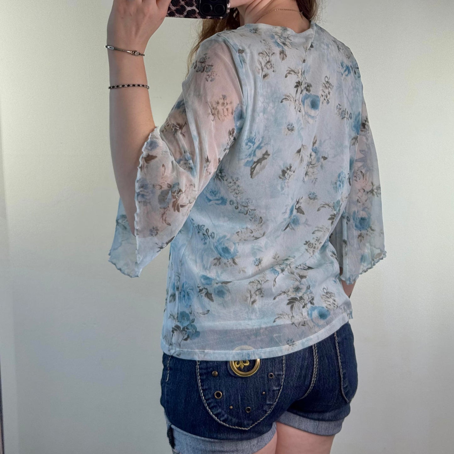 Y2K vintage mesh overlay floral 3/4 top flare sleeve bow v neck double layer
