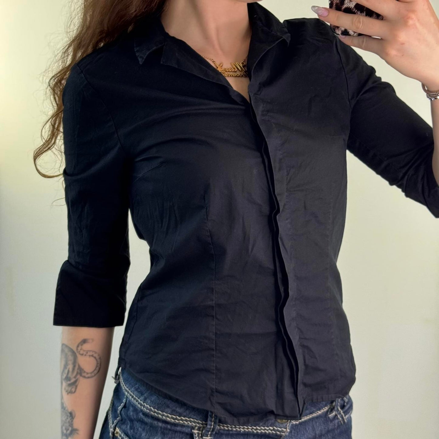Y2K vintage button up fitted shirt 3/4 sleeve v neck work office formal