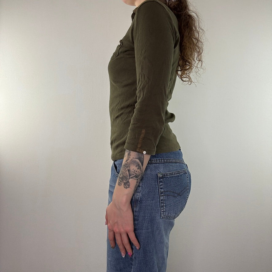 Y2K vintage khaki henley 3/4 sleeve polo top