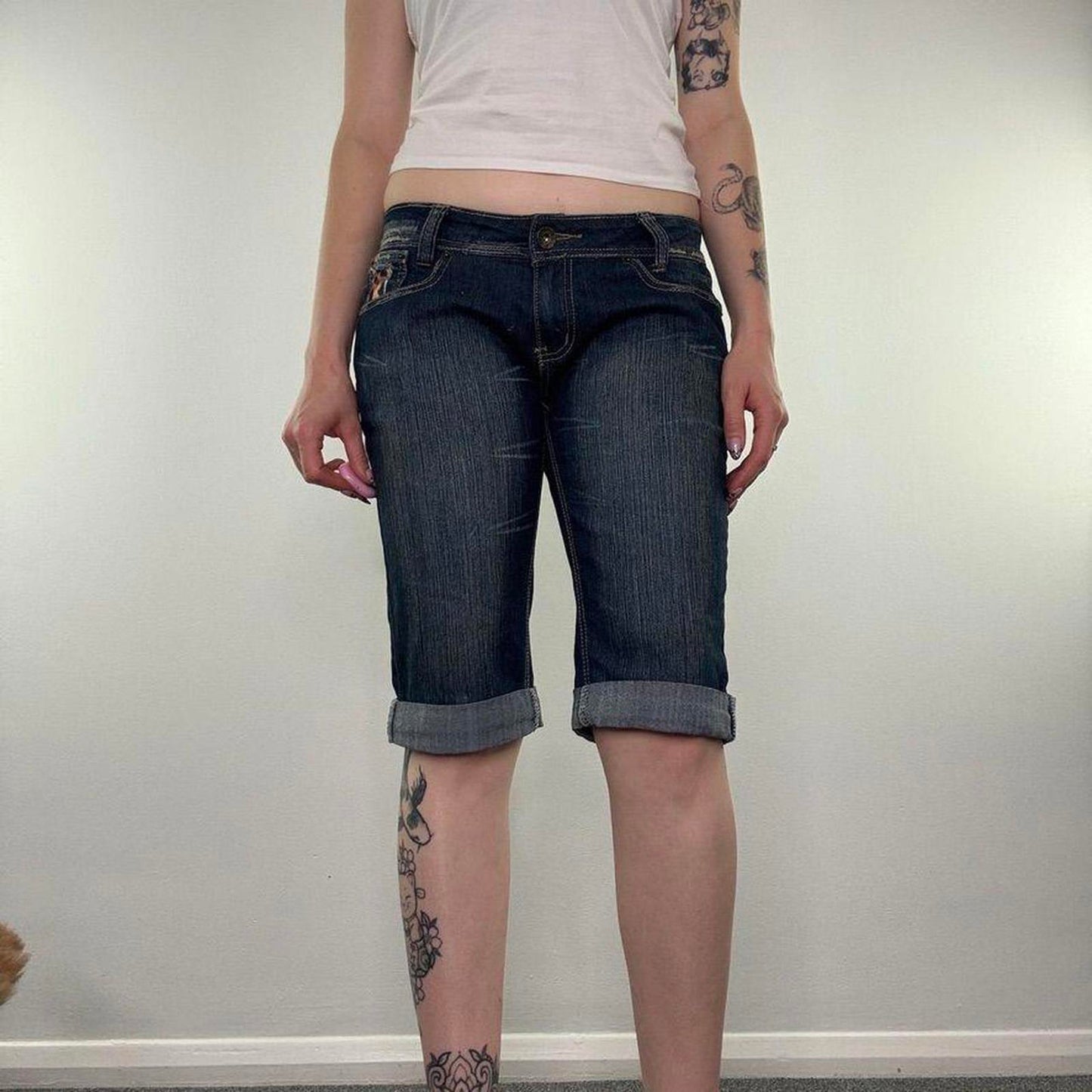 Y2K vintage low rise faded denim capri jeans stretchy satin leopard print
