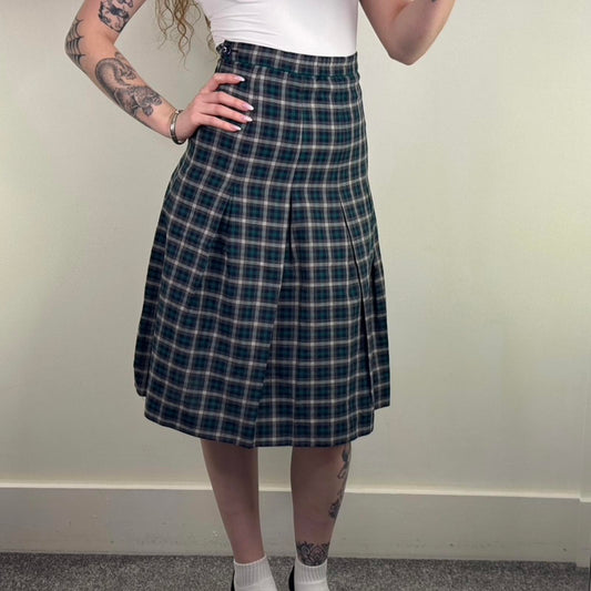 Y2K vintage 100% wool check tartan midi skirt a line lined blue green white