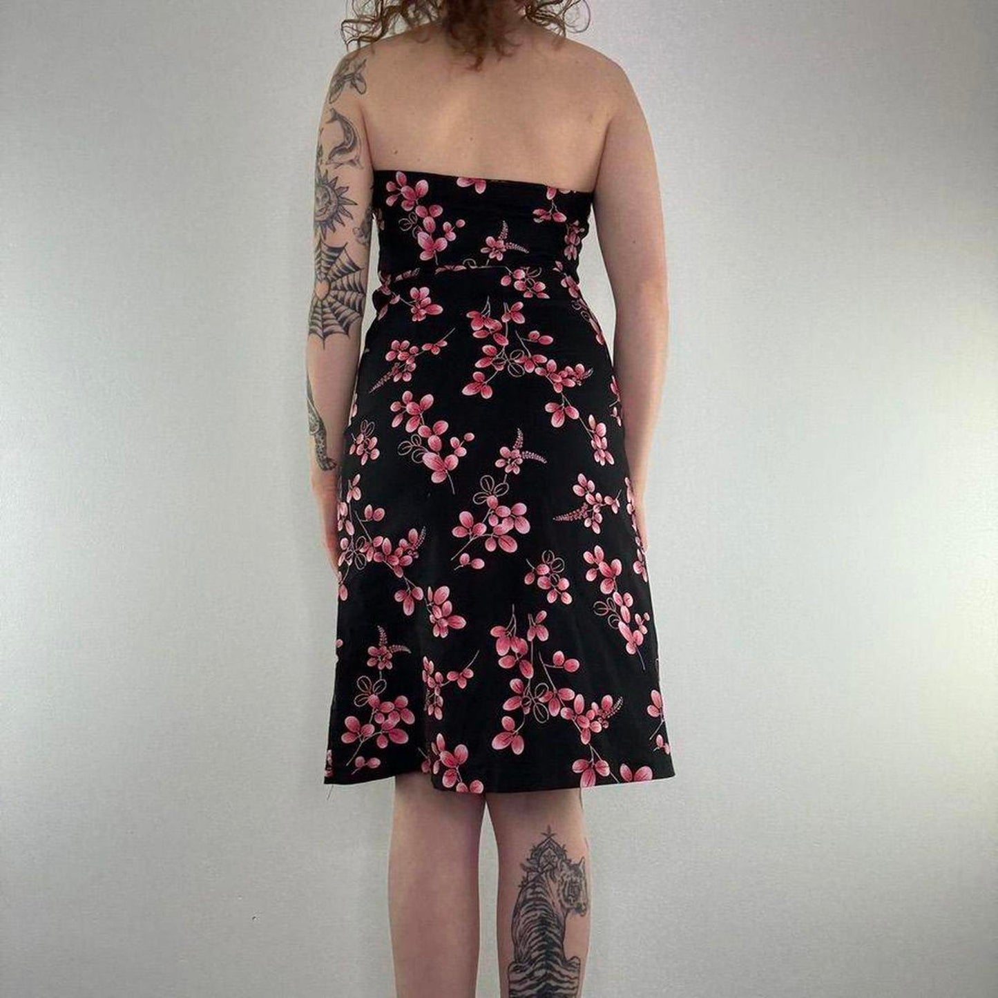 Y2K vintage strapless blossom floral midi dress a line fitted knee length