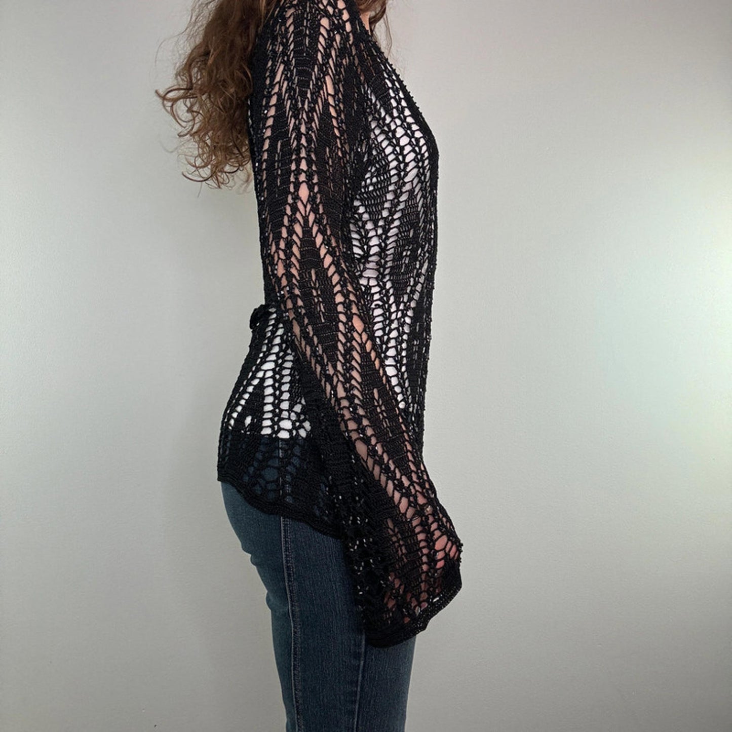 Y2K vintage crochet flared long sleeve top round neck sheer beaded black