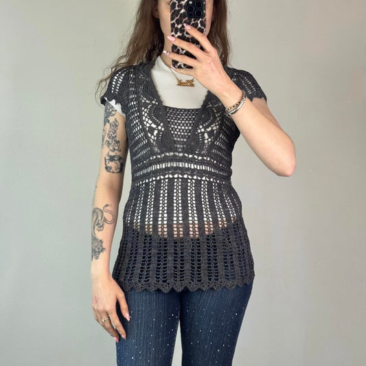Y2K vintage crochet top sparkly knit short sleeve long length dark grey boho