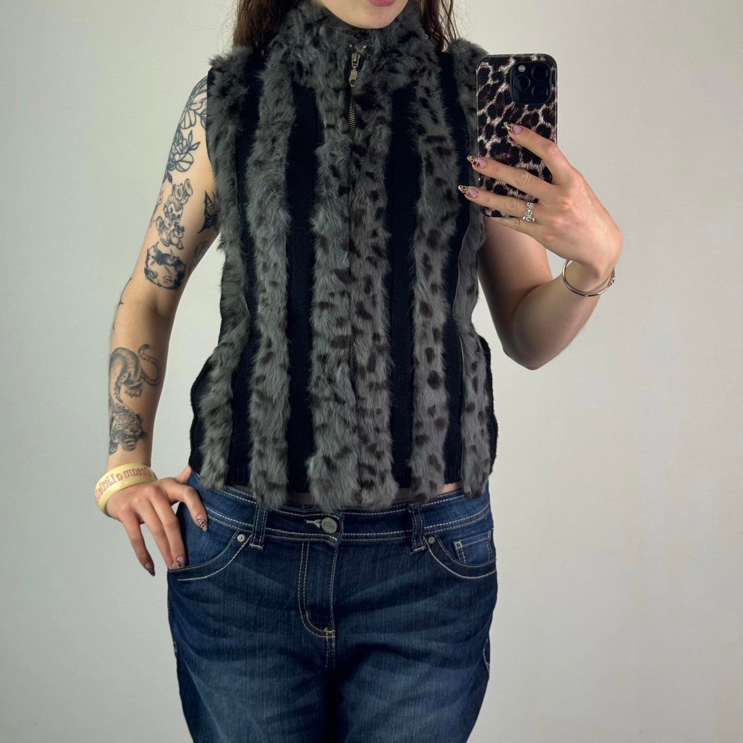 Y2K vintage genuine fur stripe knit sleeveless jacket zip up gilet polka dot