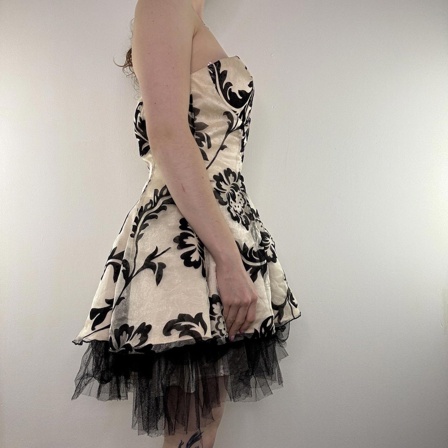 Y2K vintage mini dress strapless floral a line fishnet rara layered flower