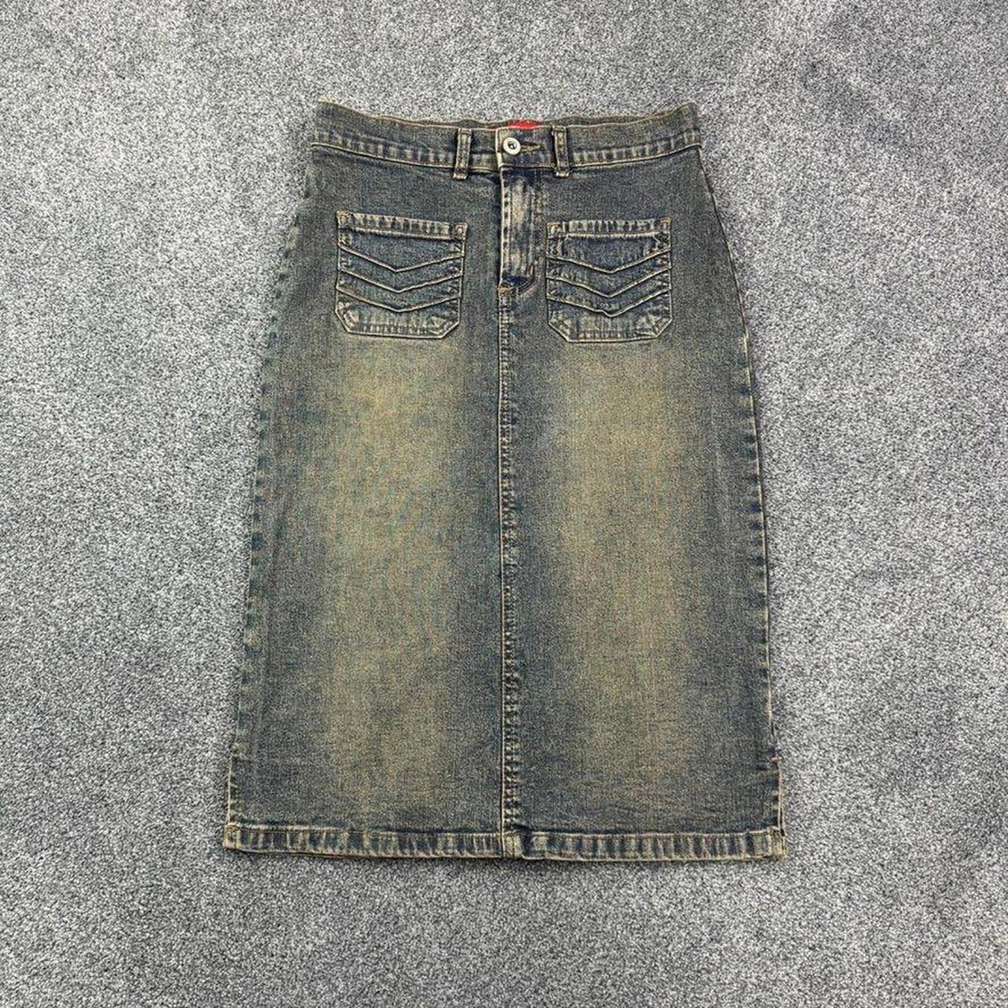 Y2K vintage faded denim archive midi skirt front pockets knee length fitted