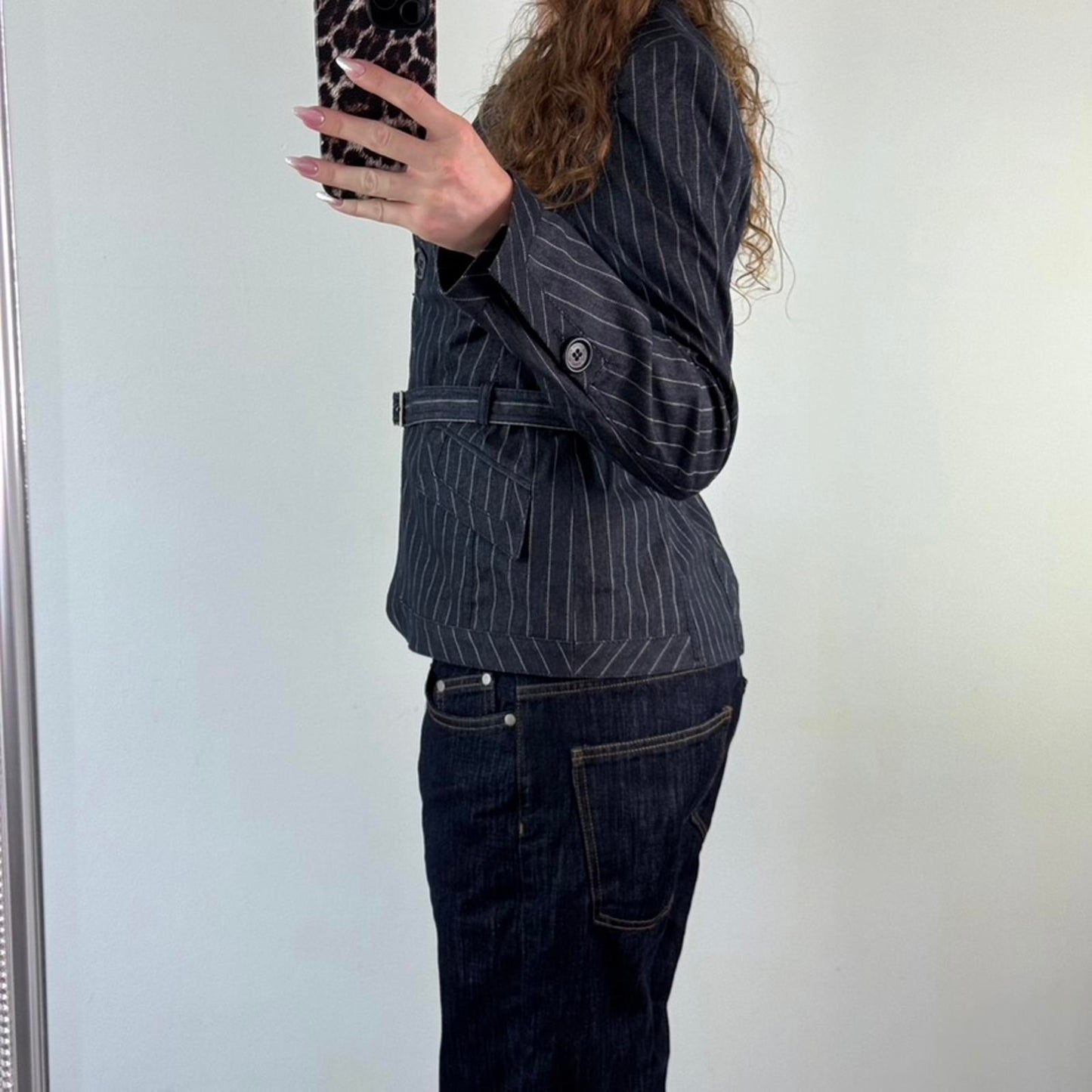 Y2K vintage Karen Millen navy denim pinstripe button up blazer jacket belt