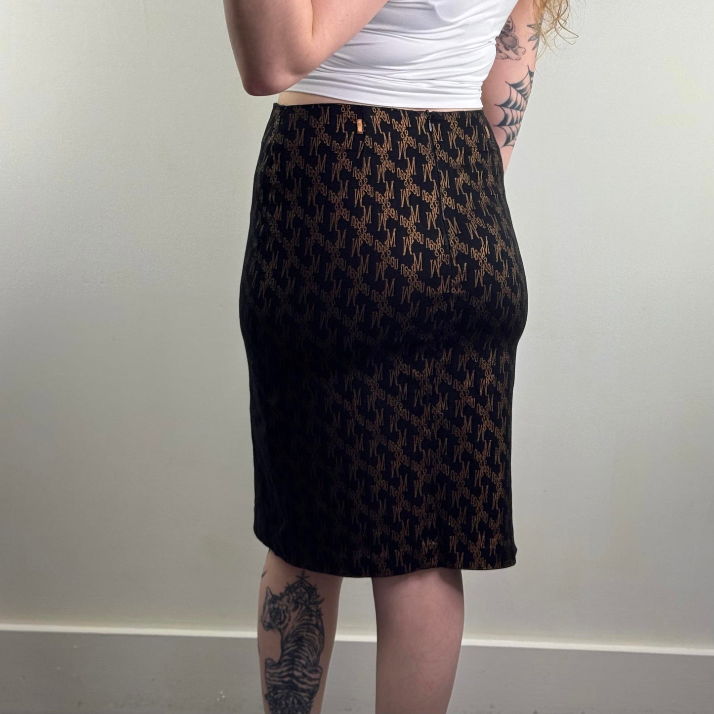 Y2K vintage Morgan De Toi midi skirt thigh slit black gold knee length tailored
