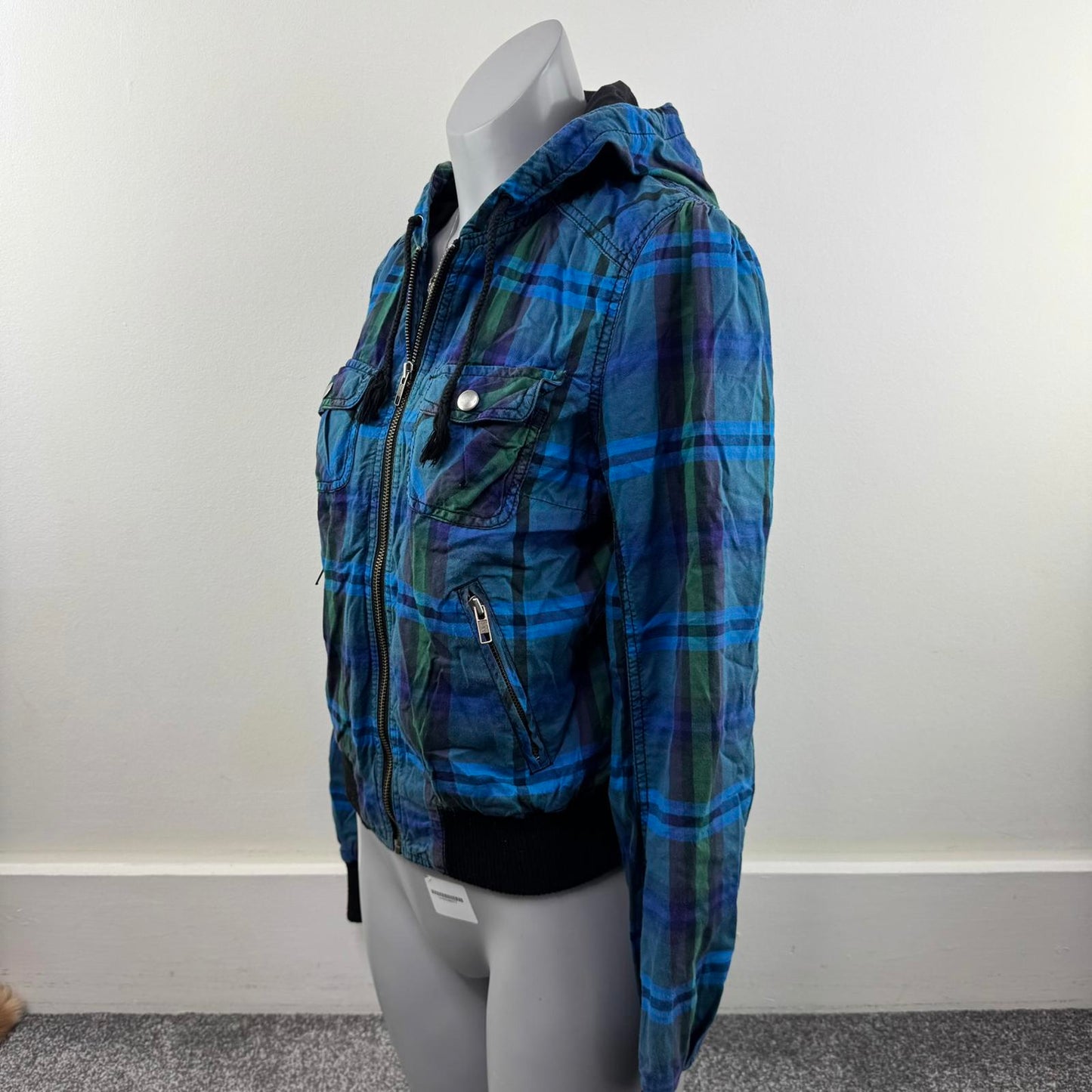 Y2K vintage tartan check zip up bomber jacket lightweight with hood plaid blue