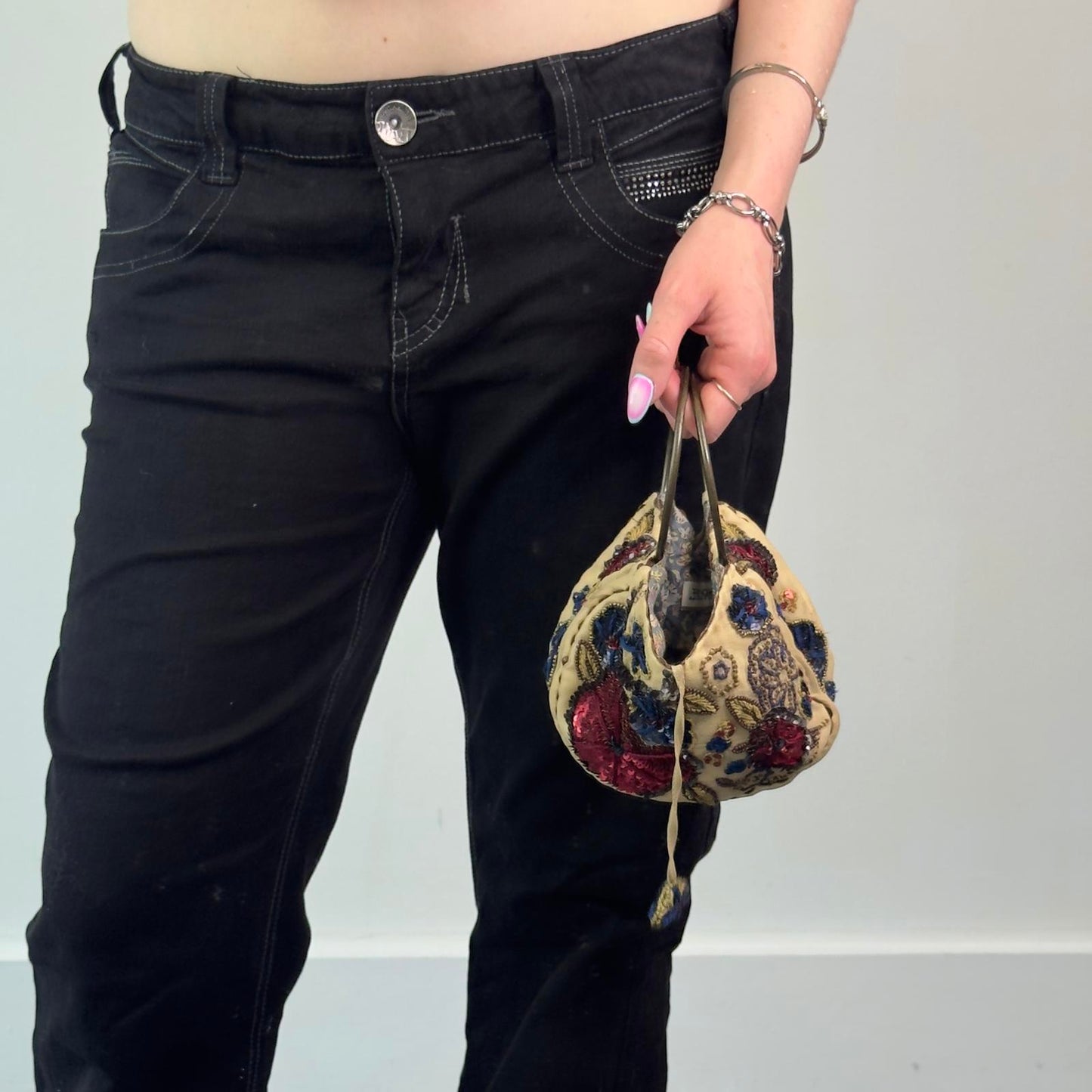 Y2K vintage silk sequin floral beaded embroidered mini micro handbag o ring boho