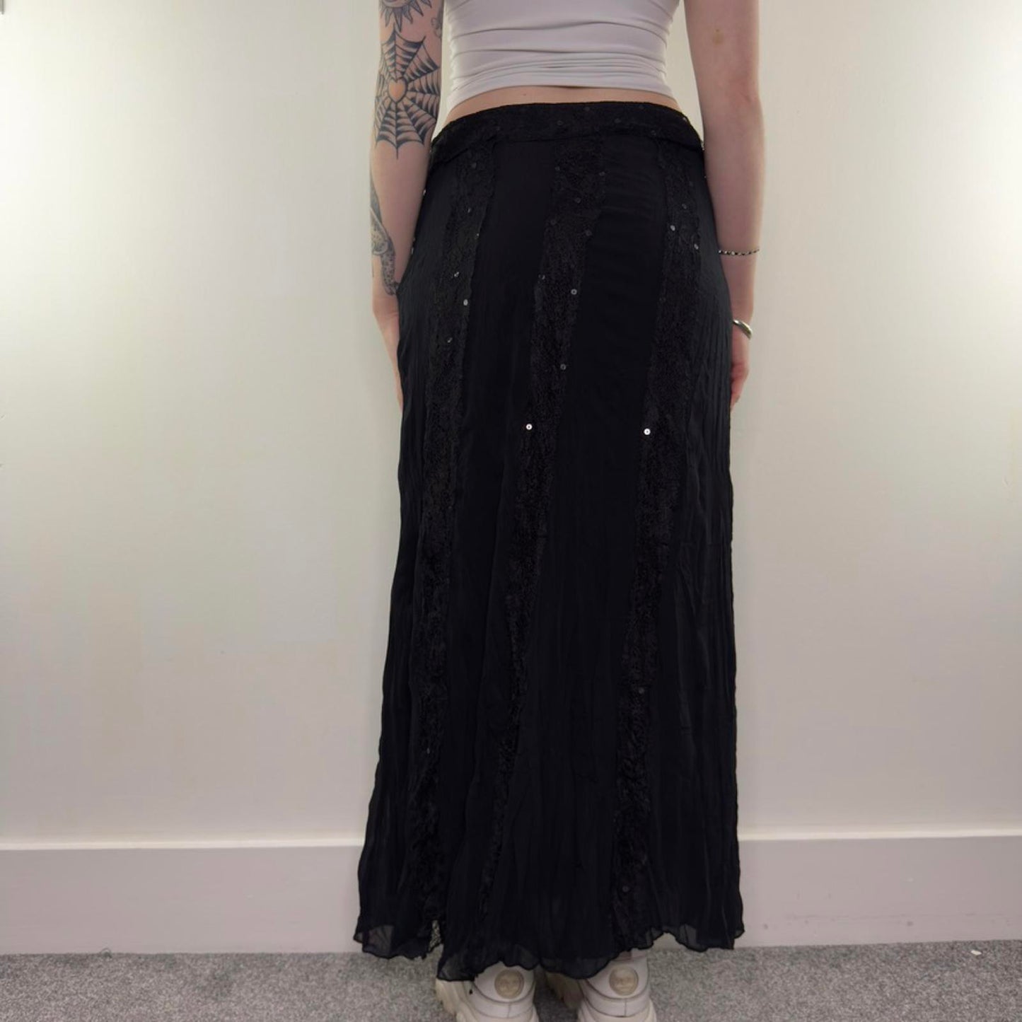 Y2K vintage lace stripe sequin trim maxi skirt double layer lightweight boho