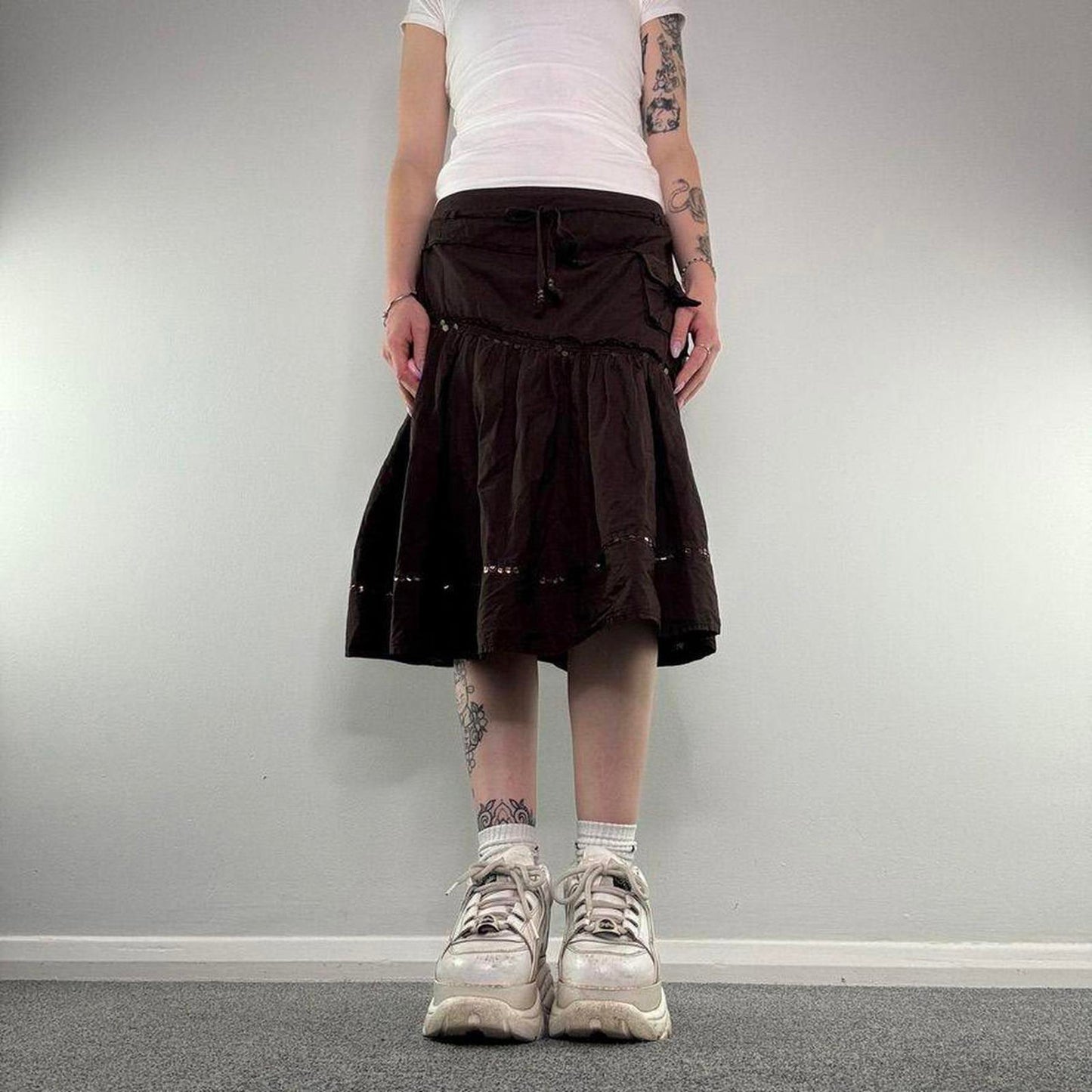 Y2K vintage asymmetrical cargo sequin midi skirt a line floaty embellished bow