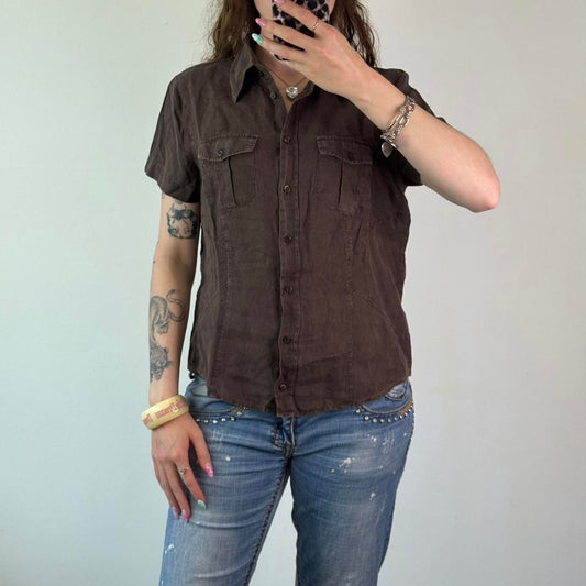 Y2K vintage 100% linen button up short sleeve shirt blouse cargo pockets