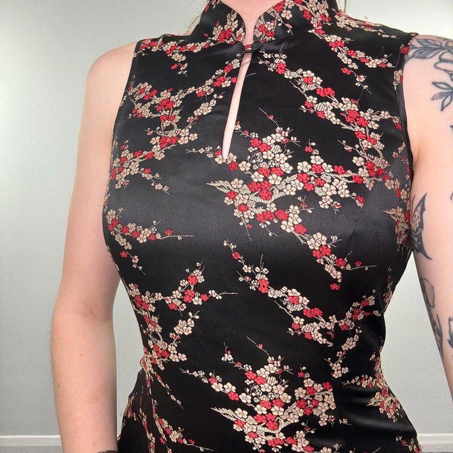 Y2K vintage satin style blossom floral keyhole mini dress oriental high neck