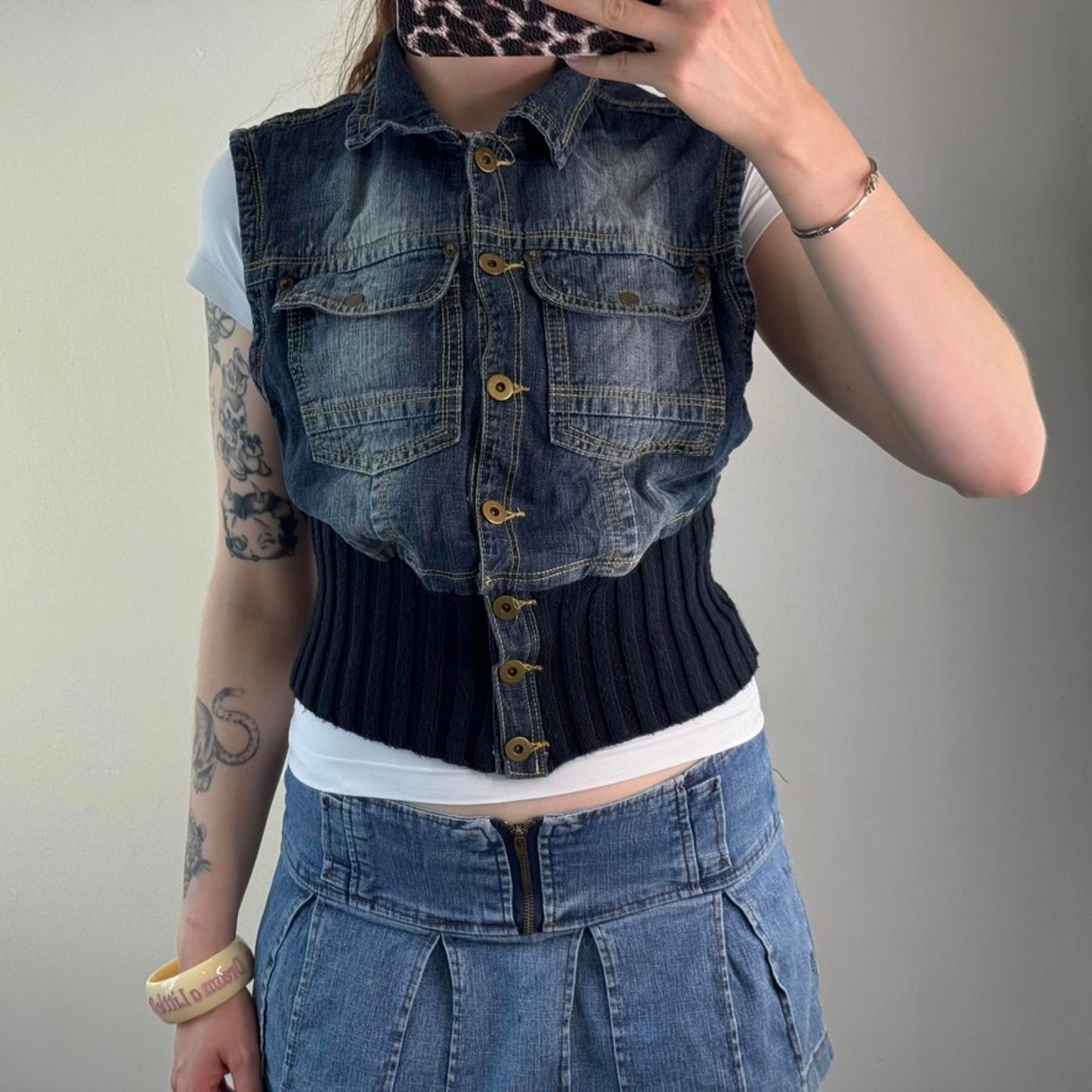 Y2K vintage faded denim sleeveless jacket knit waistband cropped short length