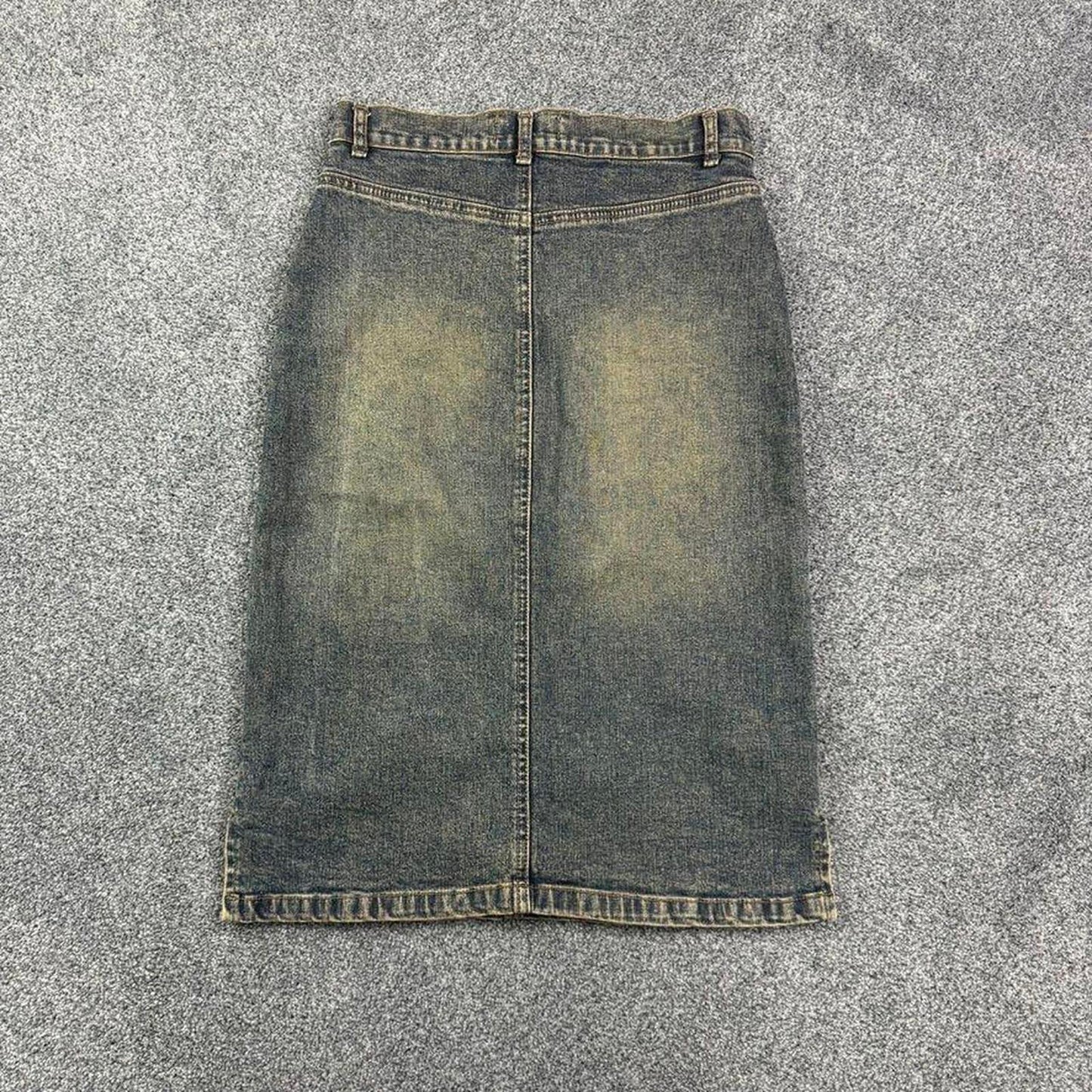 Y2K vintage faded denim archive midi skirt front pockets knee length fitted