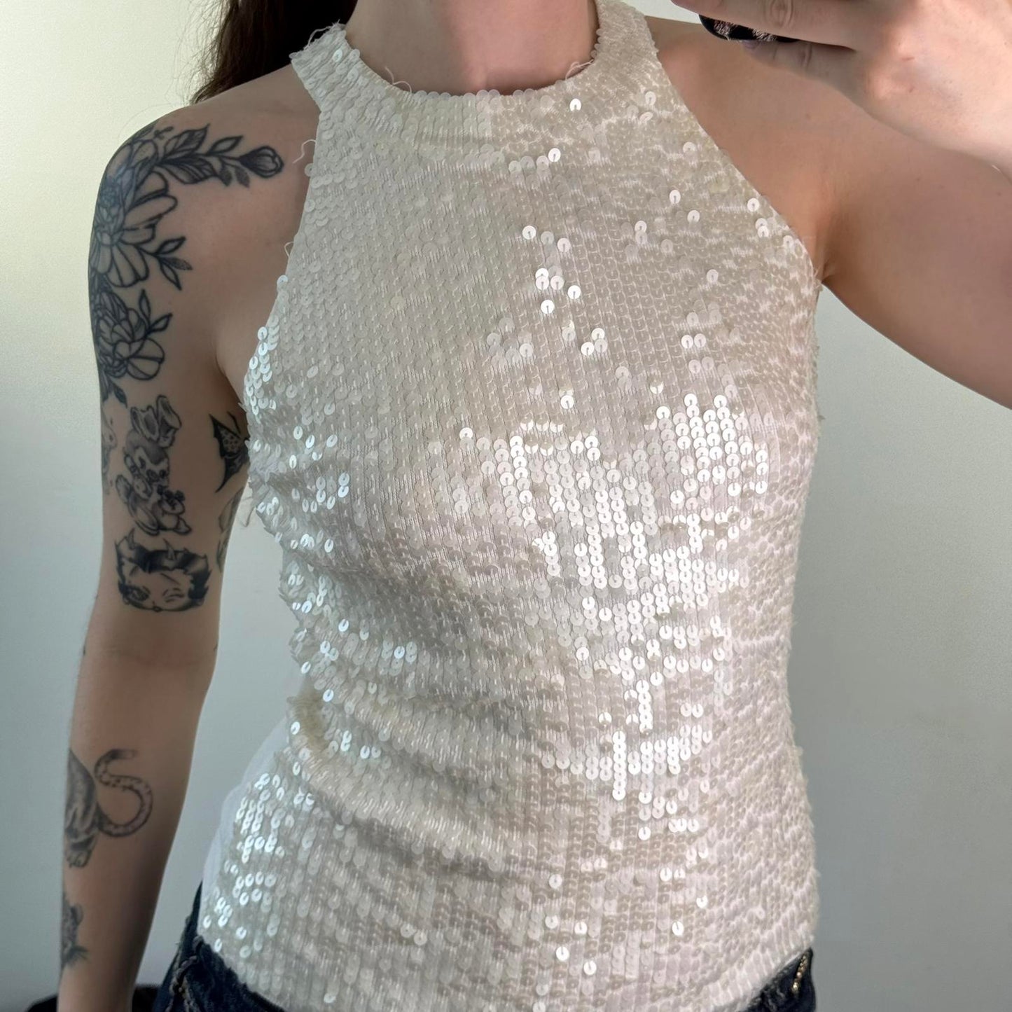 Y2K vintage sequin high neck top sleeveless tank embellished stretchy fine knit