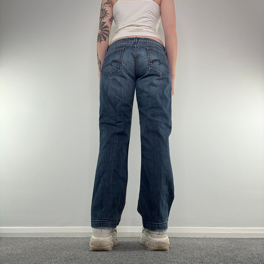 Y2K low rise rhinestone bootcut faded denim jeans