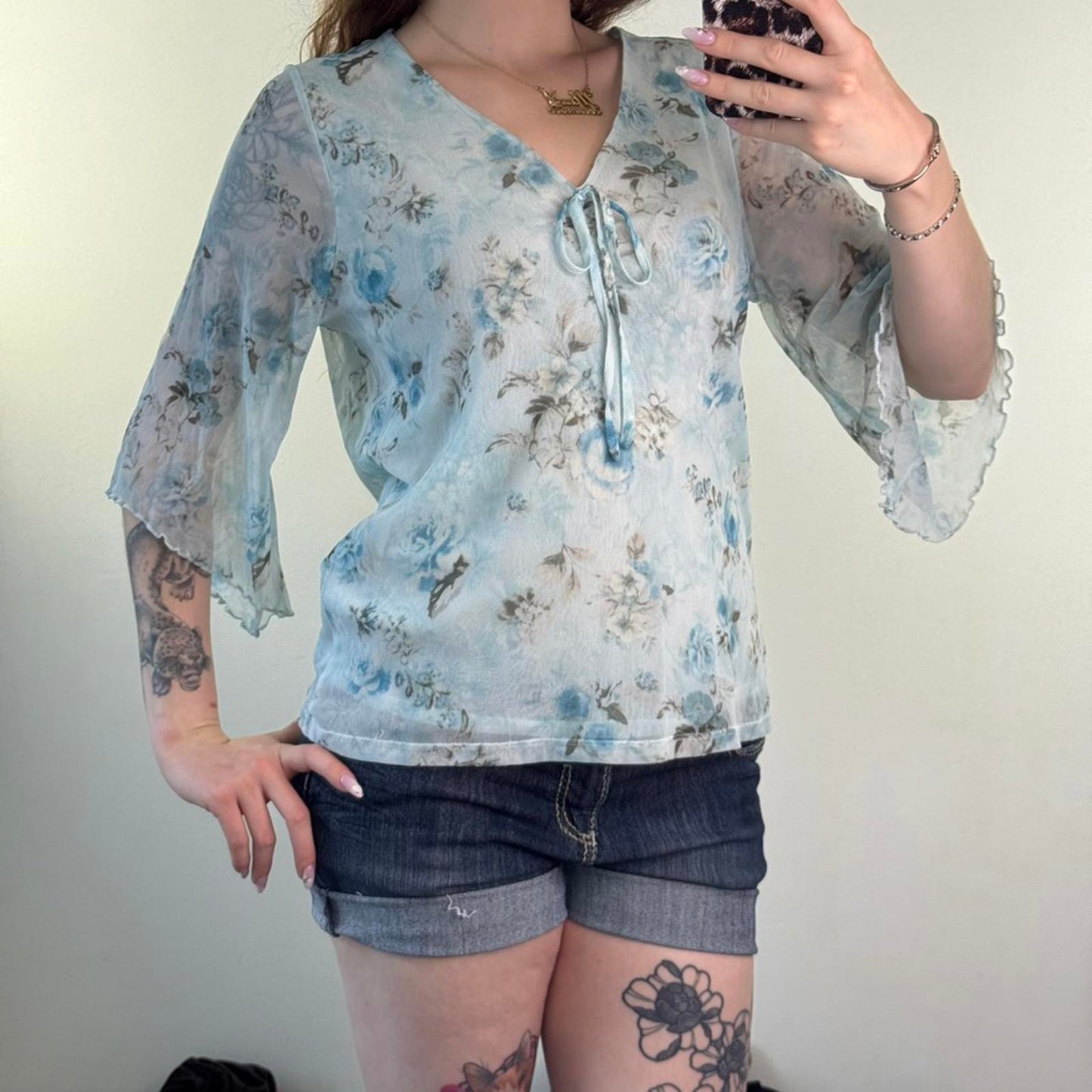 Y2K vintage mesh overlay floral 3/4 top flare sleeve bow v neck double layer